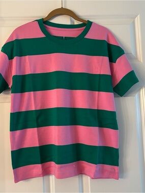 NEW in Package Isaac Mizrahi Pink and Green Striped Short Sleeve Cotton Tee